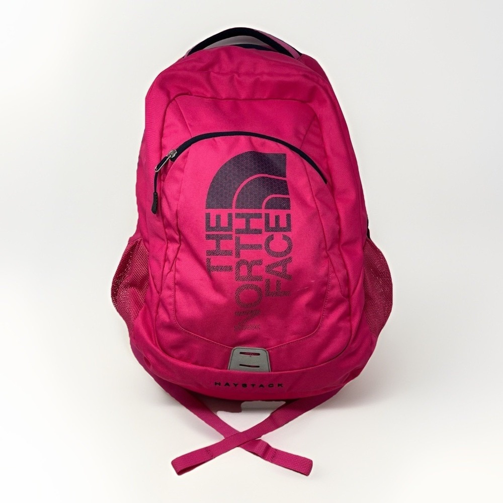 The North Face Haystack Backpack Laptop Sleeve Pink Spell Out Graphic Gorpcore